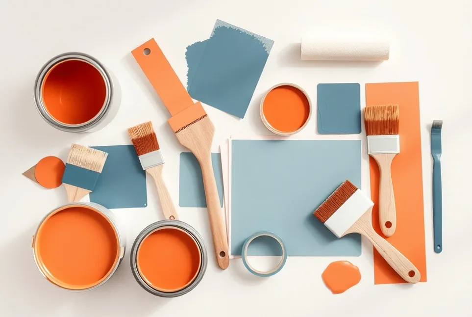 Pots de peinture, nuancier, brosses et rouleaux disposés à plat