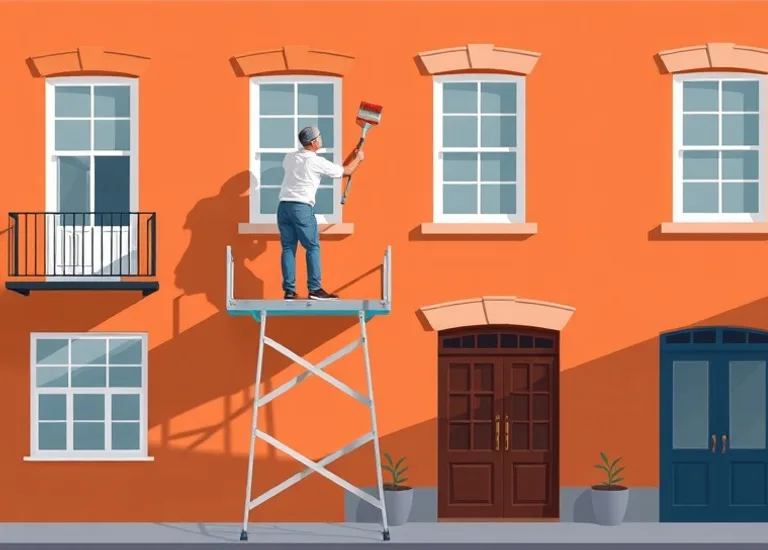 Peintre sur échafaudage traitant la façade d'une maison