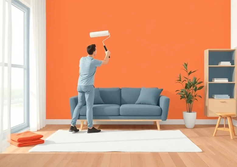 Peintre appliquant la peinture au rouleau sur un mur de salon